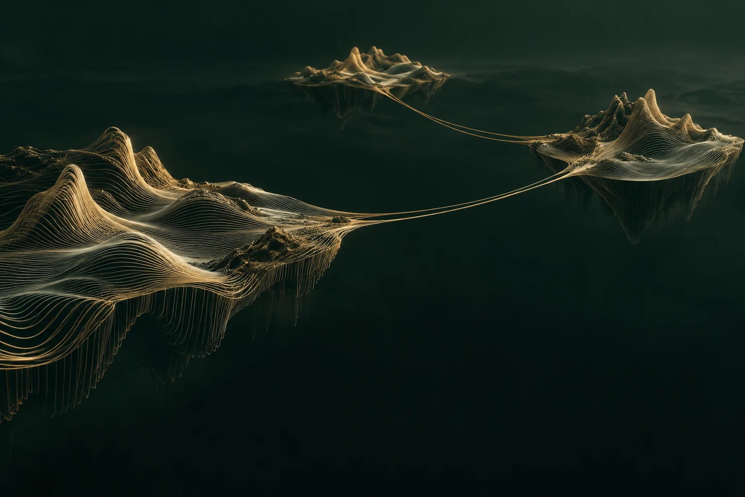 Golden contours form islands of listening memory, connected by fine threads.